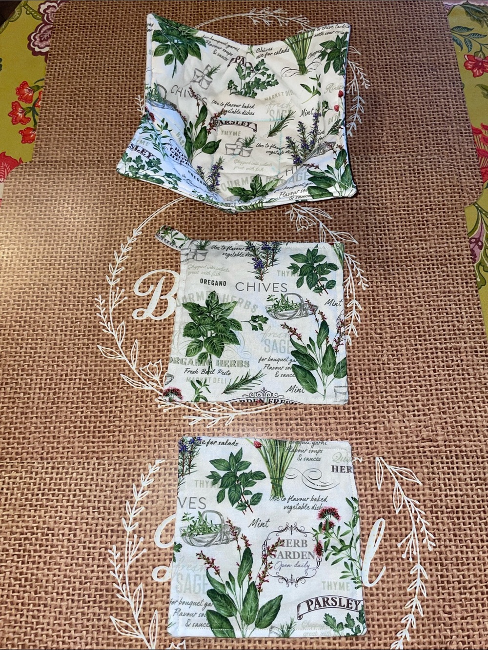 Herb-Print Fabric Basket and Coaster Set - Green-Hand Made